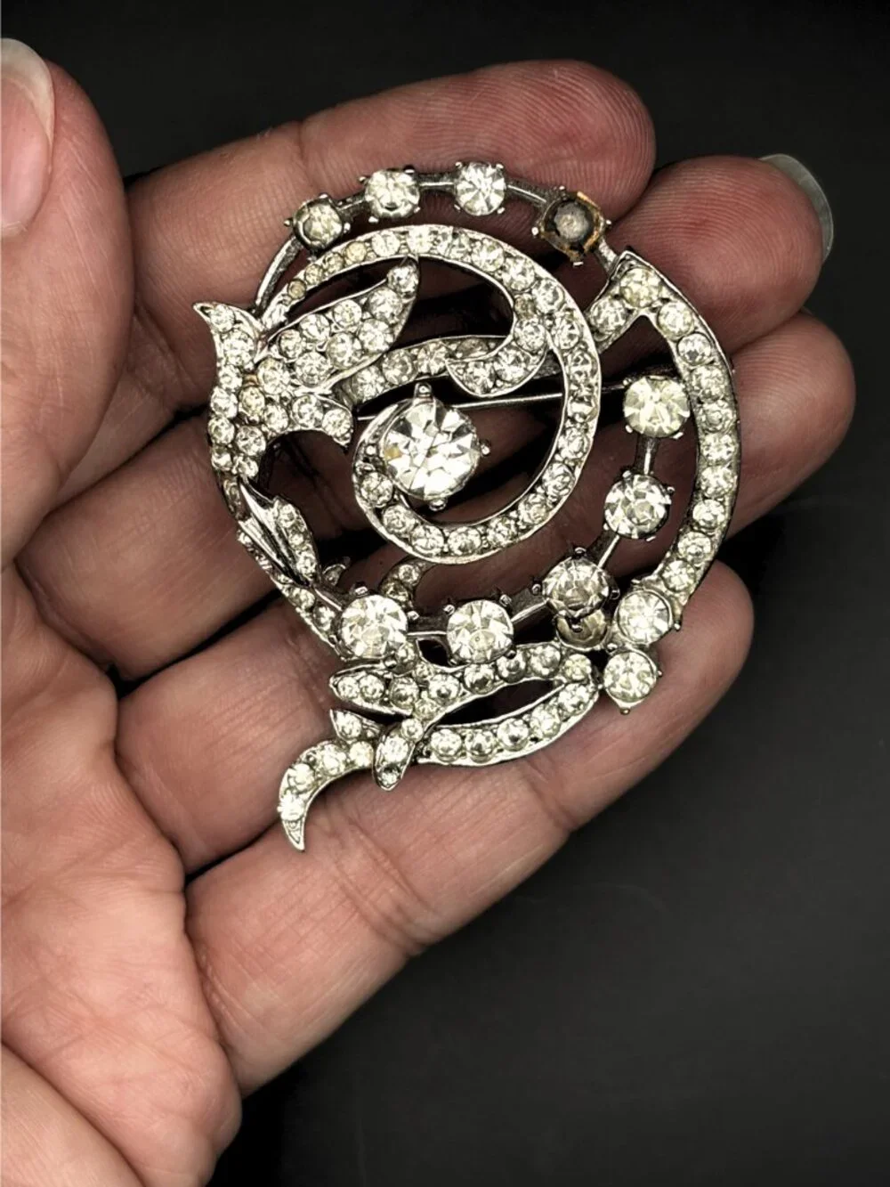 Vintage Crystal Rhinestone Brooch Pin Silver Tone Statement Swirl Jewelry